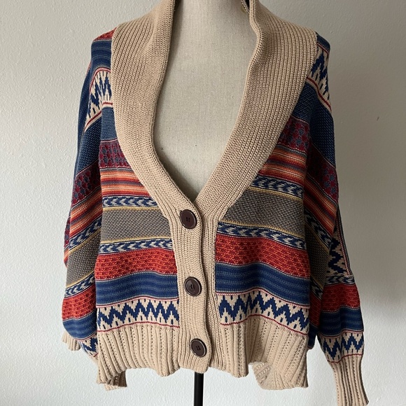 Angie Sweaters - Angie Multi-Stripe Shawl Collar Cardigan Aztec Southwest Boho